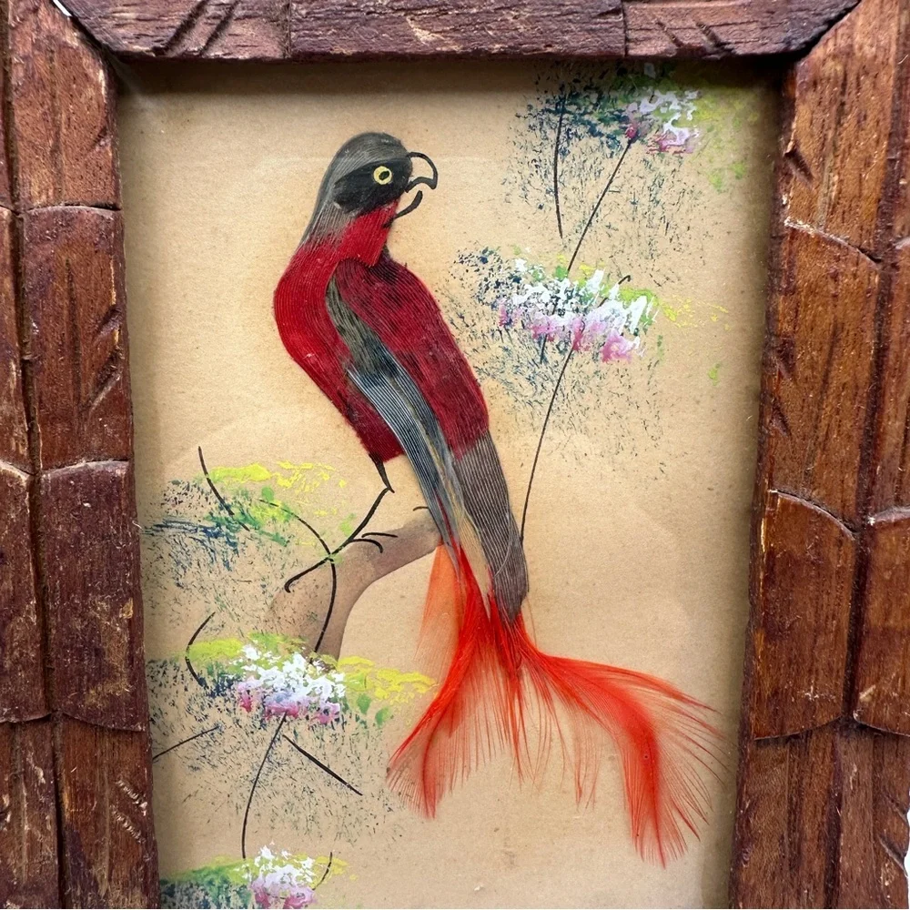 Vibrant Vintage Mexican Folk Art Feather Craft Red Bird Picture Carved Frame - Picture 2 of 16